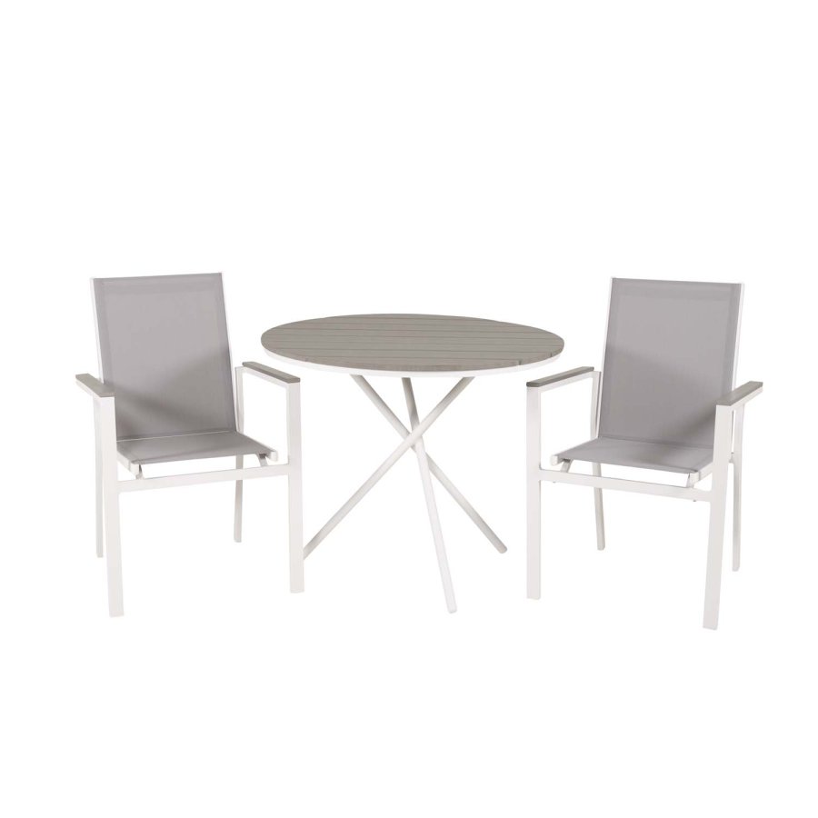 VENTURE DESIGN Parma havest, m. cafébord og 2 stole m. armln - hvid alu/gr textilene/gr aintwood