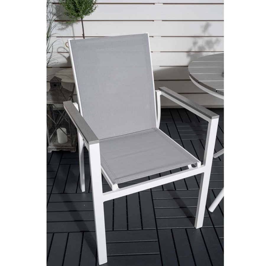 VENTURE DESIGN Parma havest, m. cafébord og 2 stole m. armln - hvid alu/gr textilene/gr aintwood