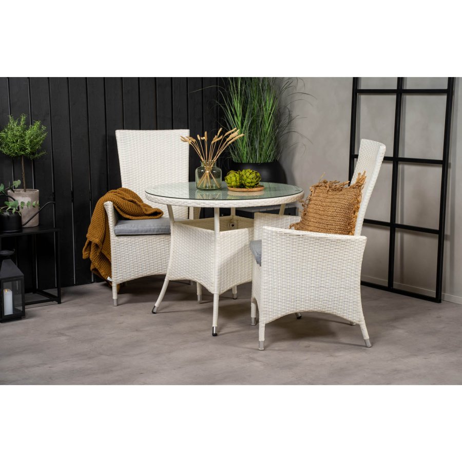 VENTURE DESIGN havest m. Volta bord ( 90) og 2 Padova stole m. recliner + hynde - hvid rattan/glas