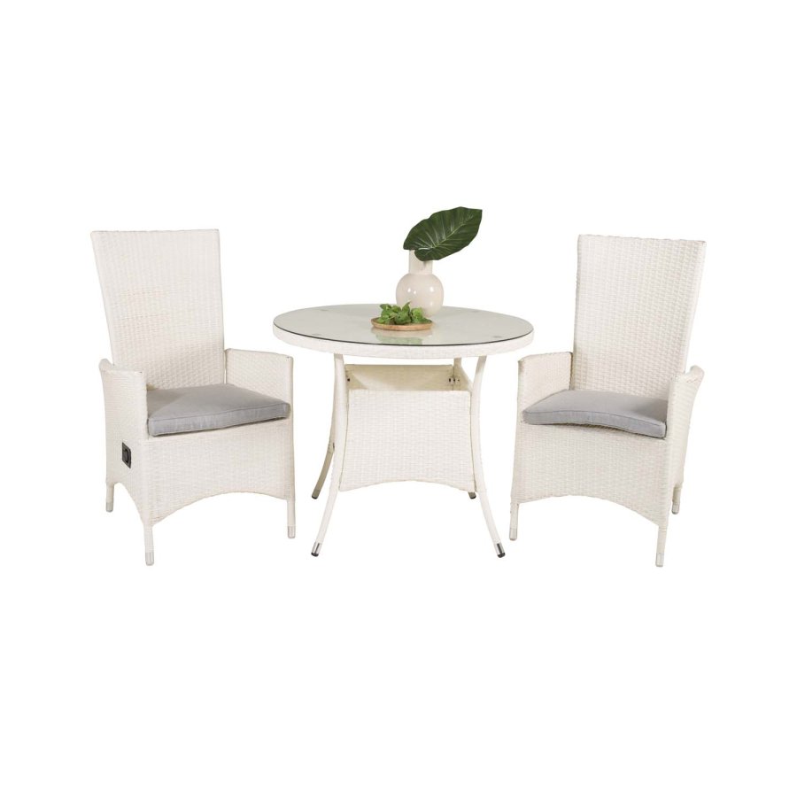 VENTURE DESIGN havest m. Volta bord ( 90) og 2 Padova stole m. recliner + hynde - hvid rattan/glas