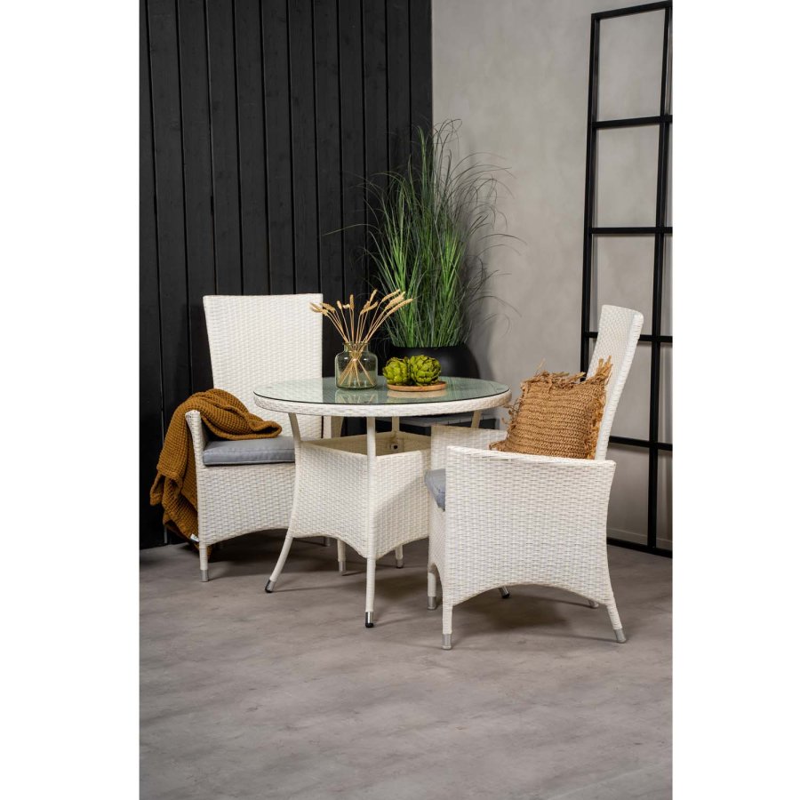 VENTURE DESIGN havest m. Volta bord ( 90) og 2 Padova stole m. recliner + hynde - hvid rattan/glas