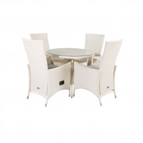 VENTURE DESIGN havest m. Volta bord ( 90) og 4 Padova stole m. recliner + hynde - hvid rattan/glas