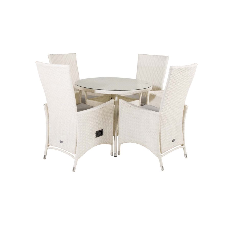 VENTURE DESIGN havest m. Volta bord ( 90) og 4 Padova stole m. recliner + hynde - hvid rattan/glas