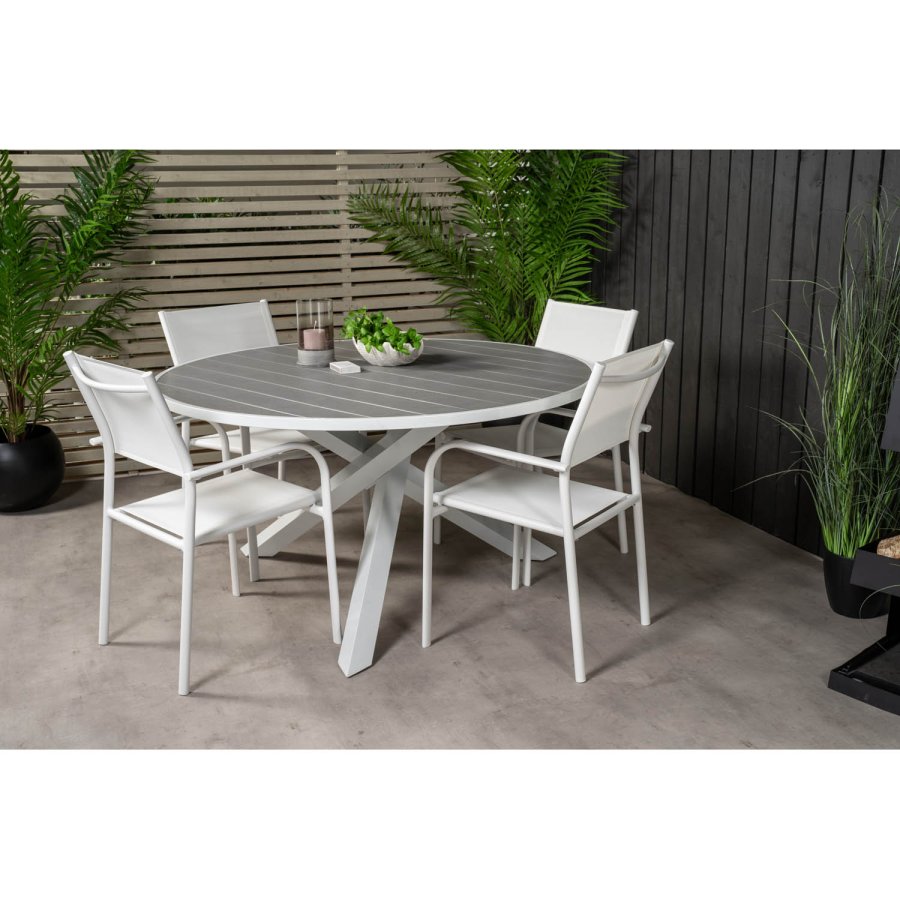 VENTURE DESIGN havest m. Parma bord ( 140) og 4 Santorini stole m. armln - hvid alu/textilene