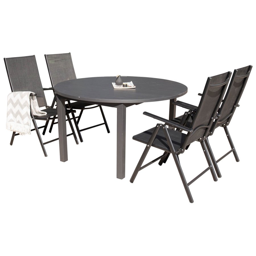 VENTURE DESIGN havest m. Marbella bord og 4 Break stole m. recliner - sort alu/textilene