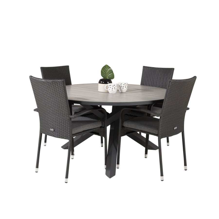 VENTURE DESIGN havest m. Parma bord (140) og 4 Anna stole m. armln - sort alu/rattan/gr aintwood