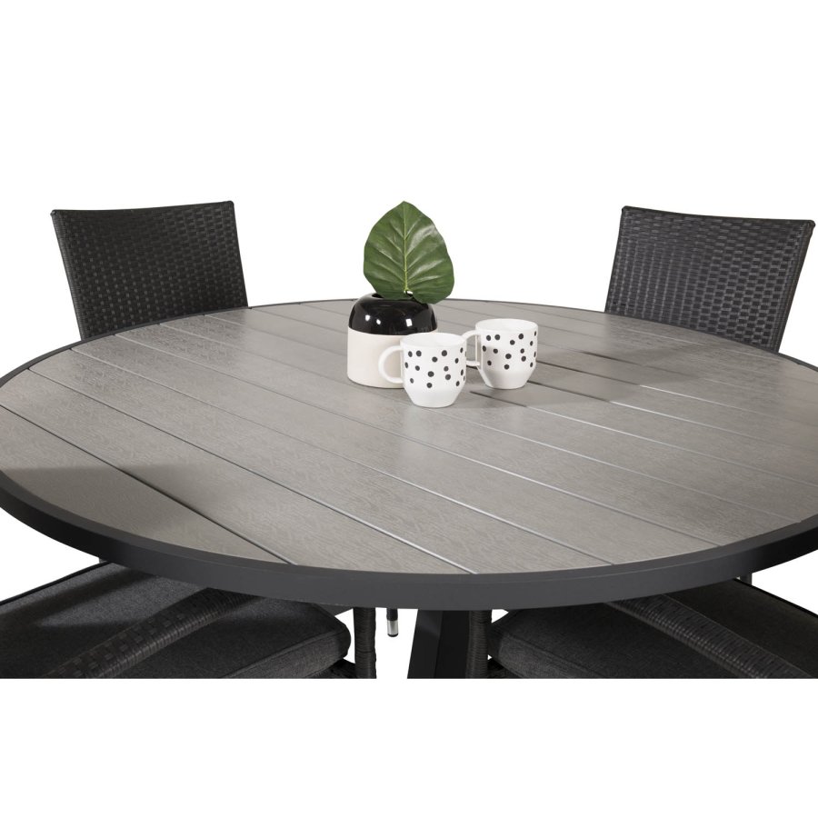 VENTURE DESIGN havest m. Parma bord (140) og 4 Anna stole m. armln - sort alu/rattan/gr aintwood