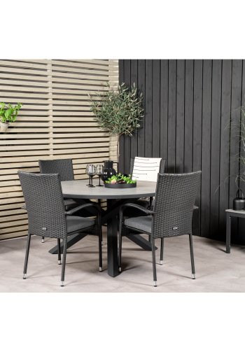 VENTURE DESIGN havest m. Parma bord (140) og 4 Anna stole m. armln - sort alu/rattan/gr aintwood
