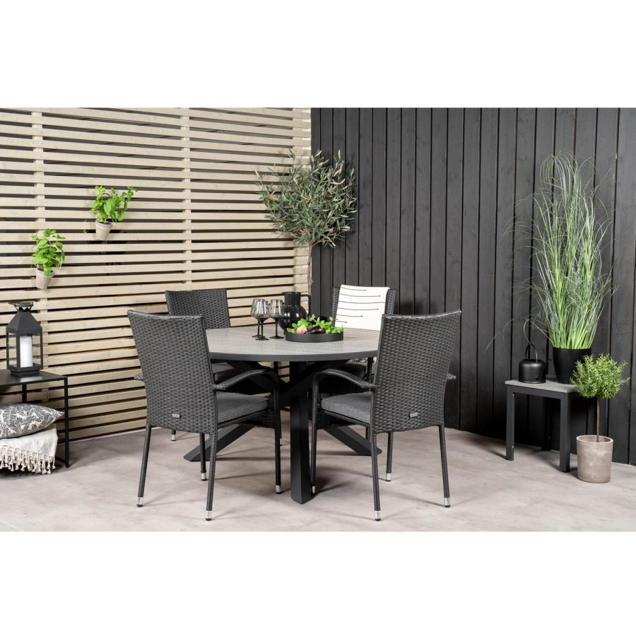 VENTURE DESIGN havest m. Parma bord (140) og 4 Anna stole m. armln - sort alu/rattan/gr aintwood