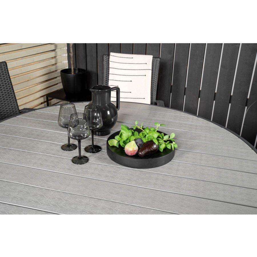 VENTURE DESIGN havest m. Parma bord (140) og 4 Anna stole m. armln - sort alu/rattan/gr aintwood