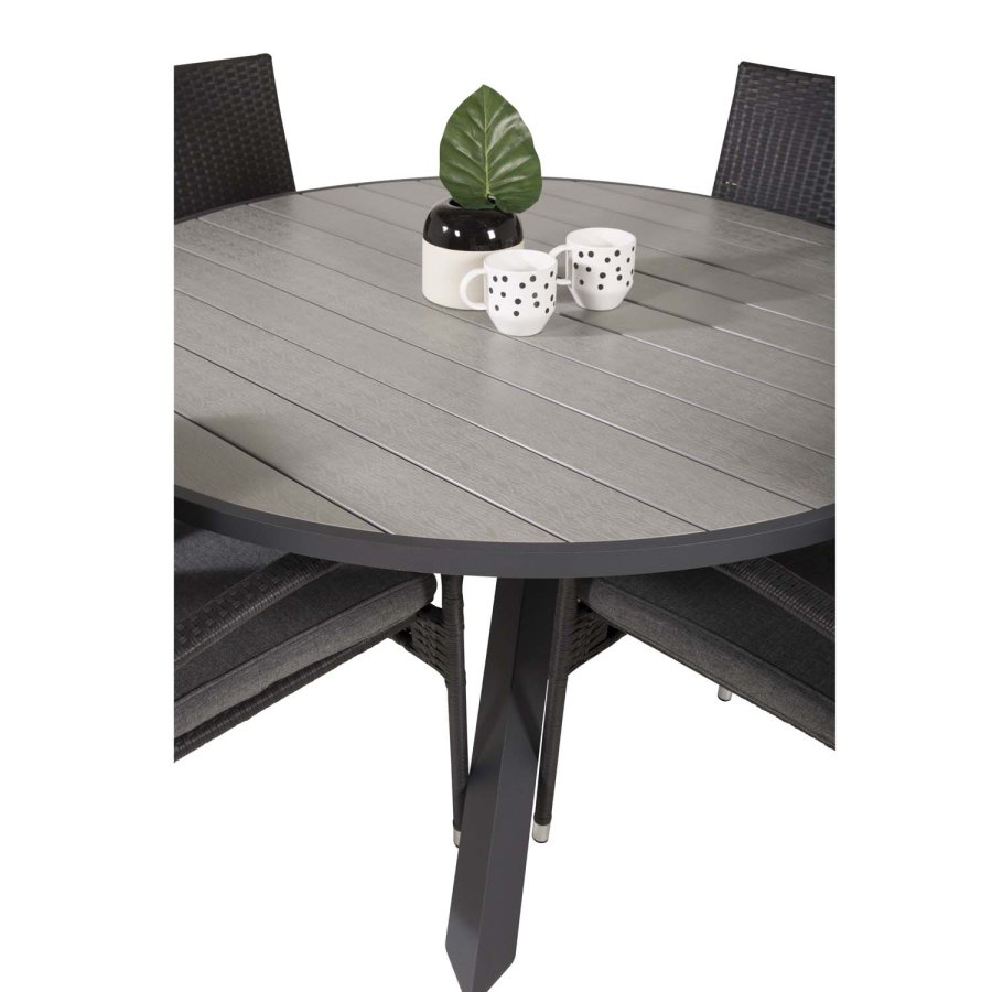 VENTURE DESIGN havest m. Parma bord (140) og 4 Anna stole m. armln - sort alu/rattan/gr aintwood