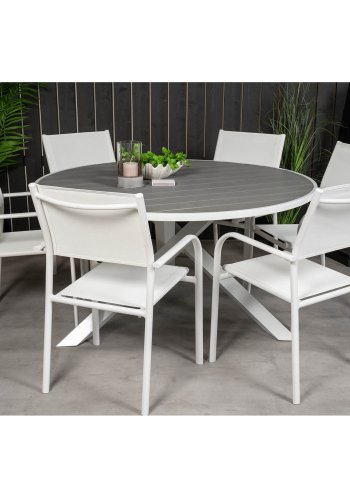 VENTURE DESIGN havest m. Parma bord ( 140) og 6 Santorini stole m. armln - hvid alu/textilene