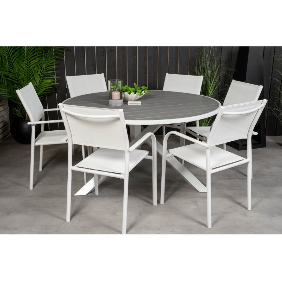 VENTURE DESIGN havest m. Parma bord ( 140) og 6 Santorini stole m. armln - hvid alu/textilene