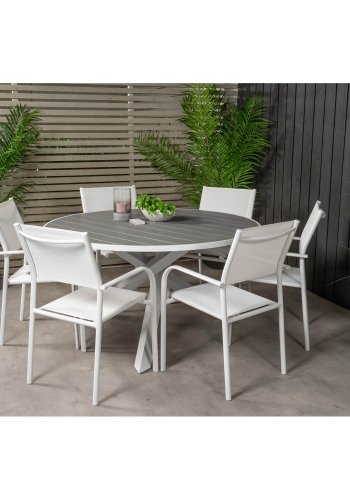 VENTURE DESIGN havest m. Parma bord ( 140) og 6 Santorini stole m. armln - hvid alu/textilene