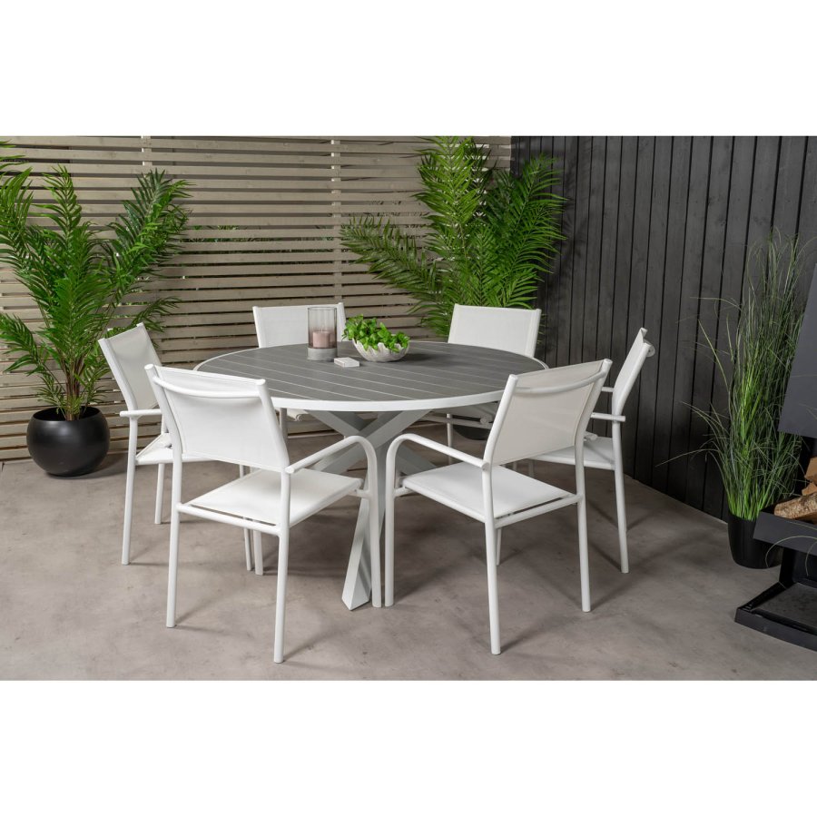 VENTURE DESIGN havest m. Parma bord ( 140) og 6 Santorini stole m. armln - hvid alu/textilene