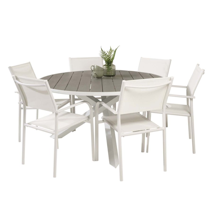 VENTURE DESIGN havest m. Parma bord ( 140) og 6 Santorini stole m. armln - hvid alu/textilene