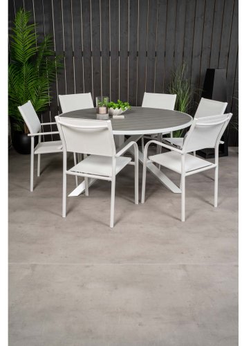 VENTURE DESIGN havest m. Parma bord ( 140) og 6 Santorini stole m. armln - hvid alu/textilene