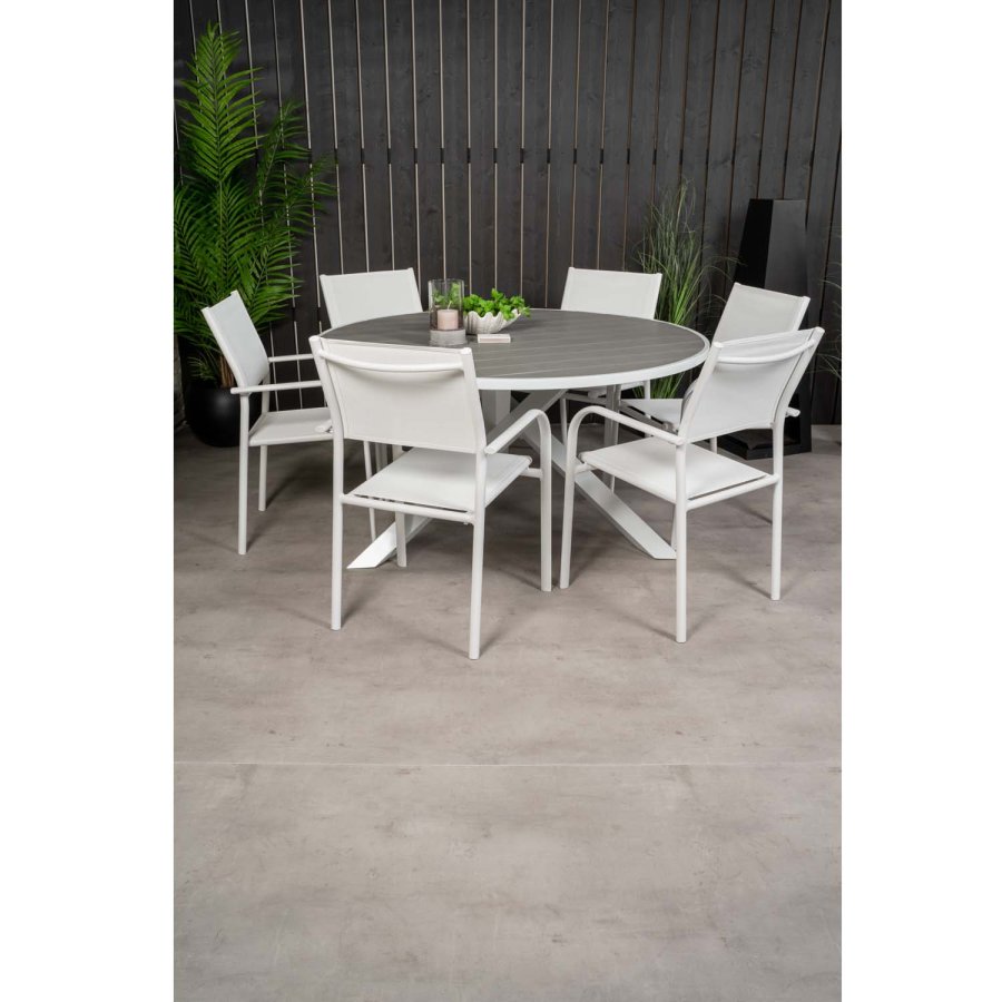 VENTURE DESIGN havest m. Parma bord ( 140) og 6 Santorini stole m. armln - hvid alu/textilene