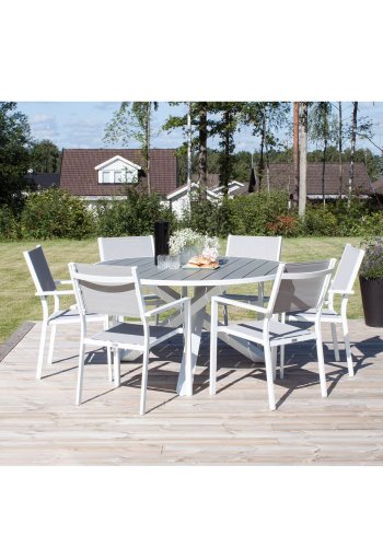 VENTURE DESIGN havest m. Parma bord (140) og 6 Copacabana stole m. armln - gr aintwood/textilene