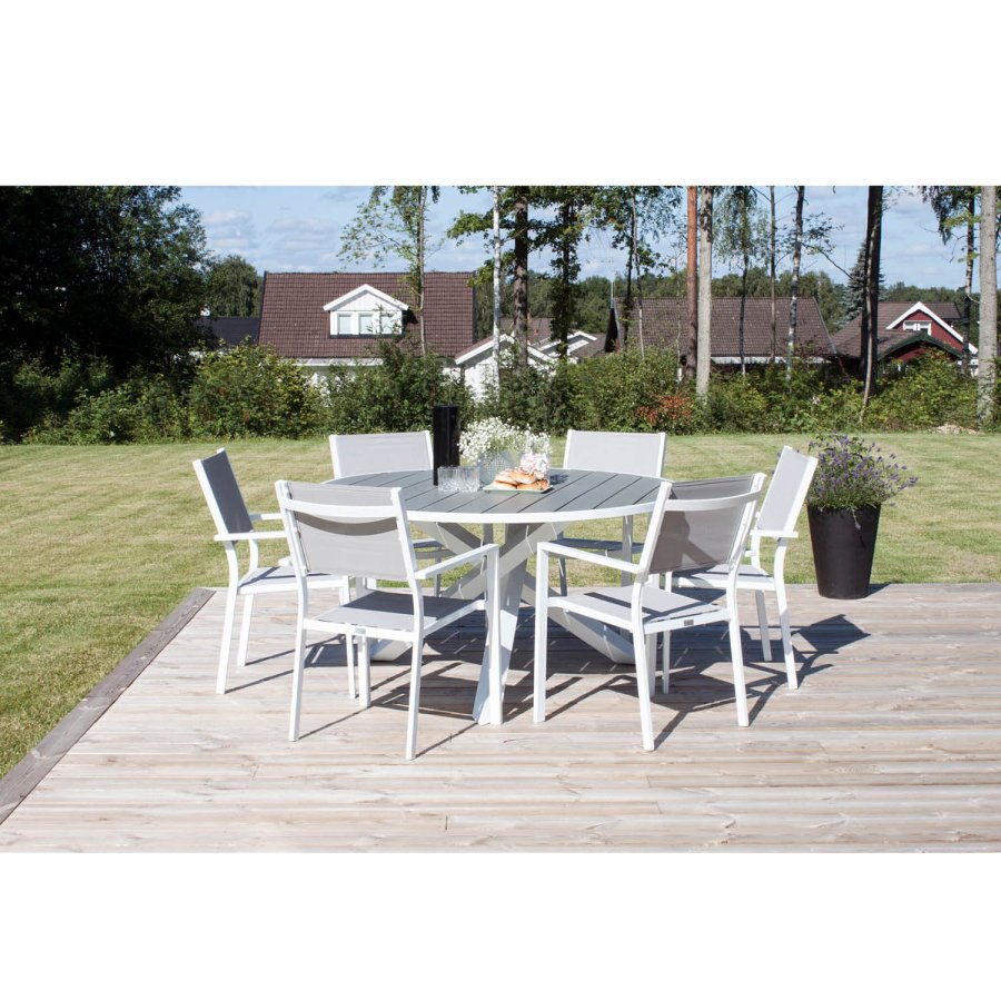 VENTURE DESIGN havest m. Parma bord (140) og 6 Copacabana stole m. armln - gr aintwood/textilene