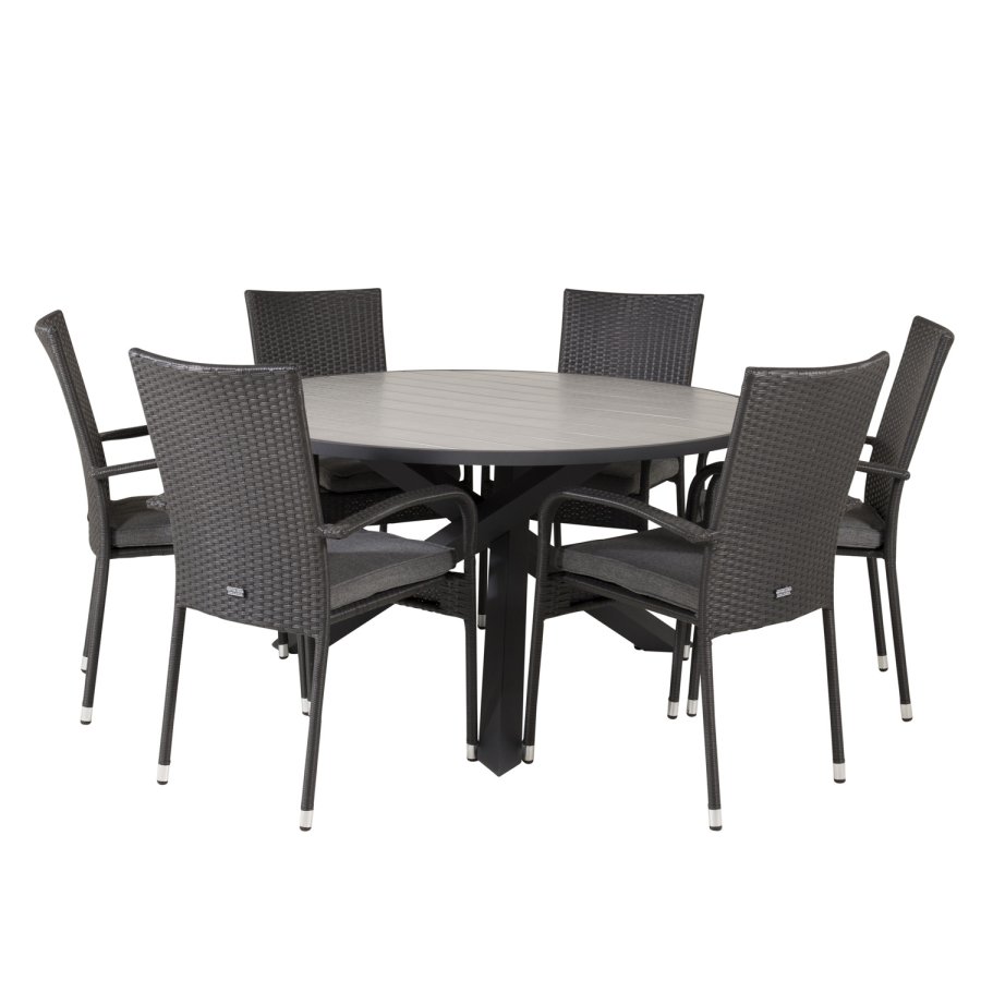 VENTURE DESIGN havest m. Parma bord (140) og 6 Anna stole m. armln - sort rattan/alu/gr aintwood