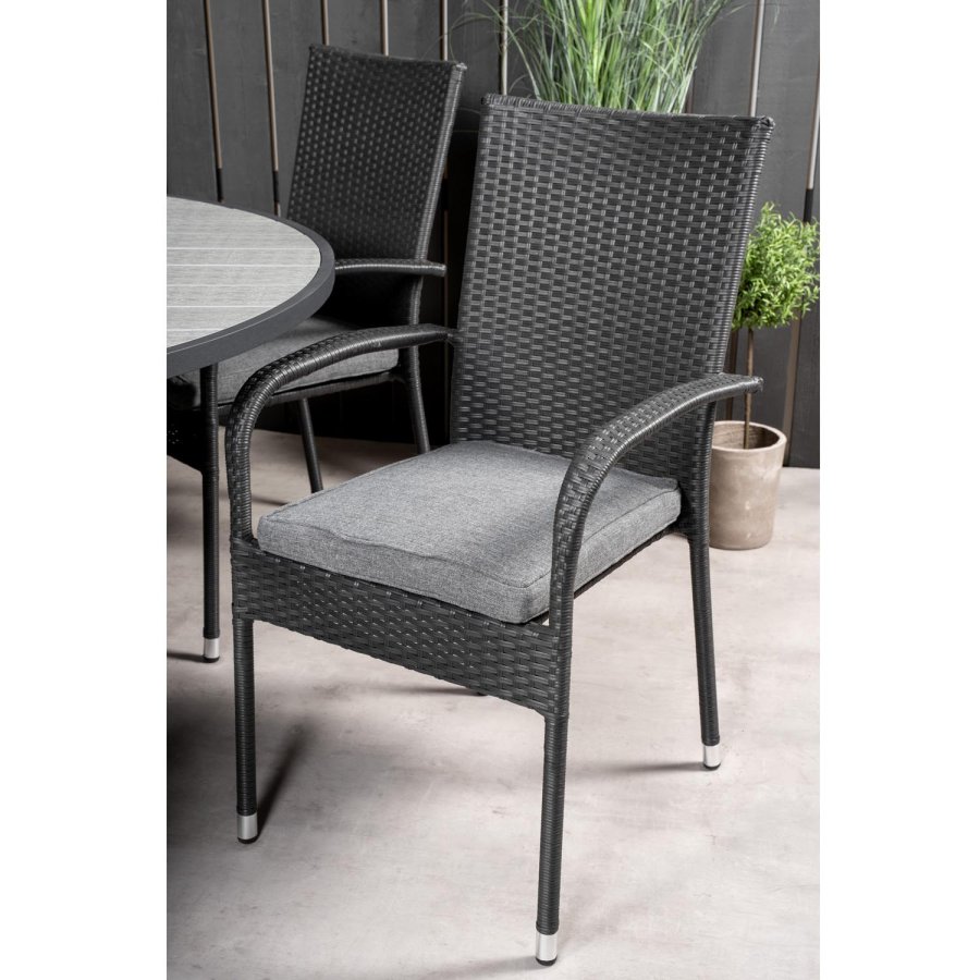 VENTURE DESIGN havest m. Parma bord (140) og 6 Anna stole m. armln - sort rattan/alu/gr aintwood