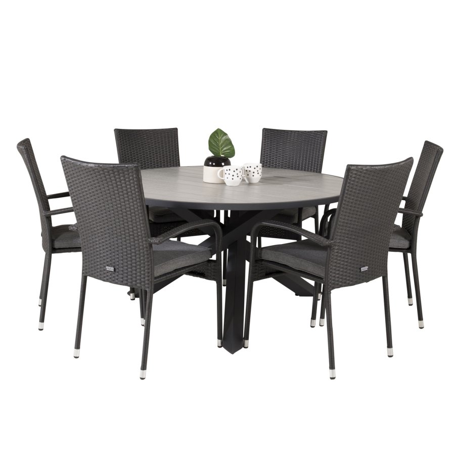 VENTURE DESIGN havest m. Parma bord (140) og 6 Anna stole m. armln - sort rattan/alu/gr aintwood