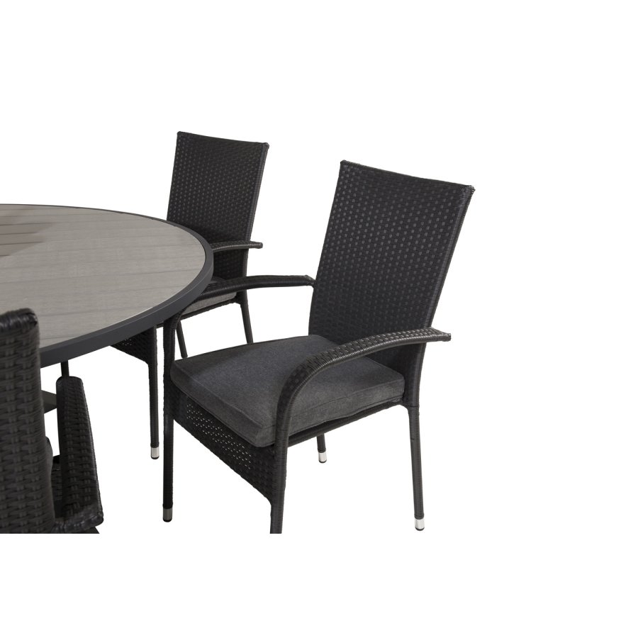 VENTURE DESIGN havest m. Parma bord (140) og 6 Anna stole m. armln - sort rattan/alu/gr aintwood