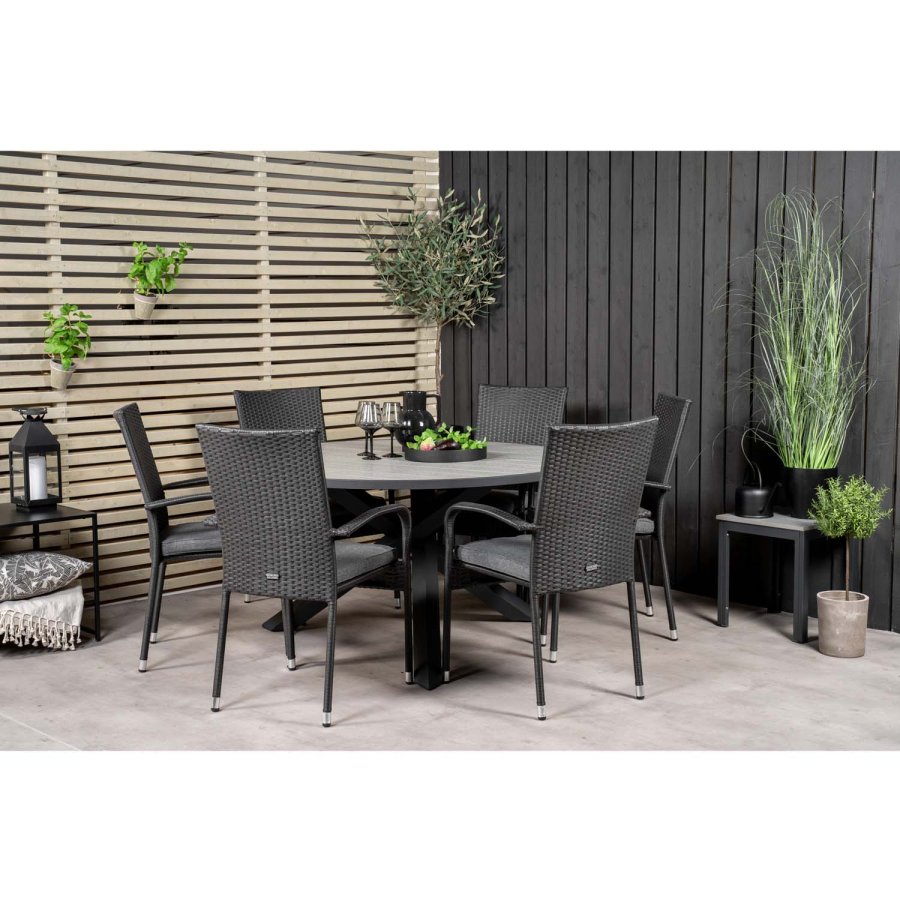 VENTURE DESIGN havest m. Parma bord (140) og 6 Anna stole m. armln - sort rattan/alu/gr aintwood