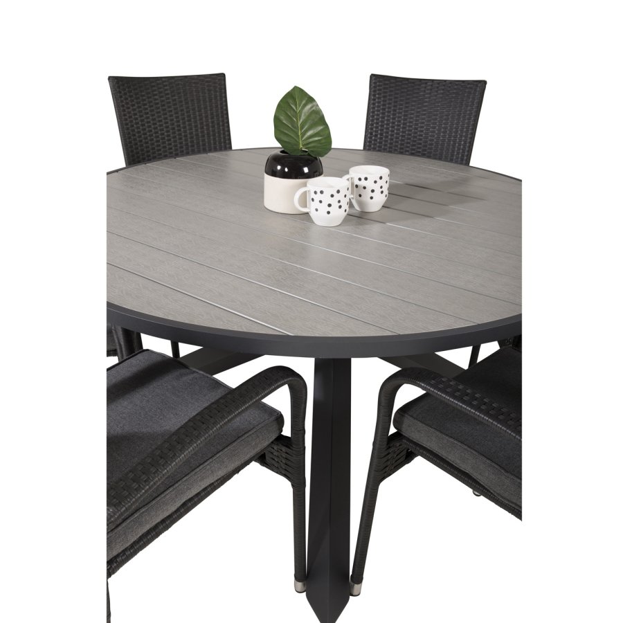 VENTURE DESIGN havest m. Parma bord (140) og 6 Anna stole m. armln - sort rattan/alu/gr aintwood