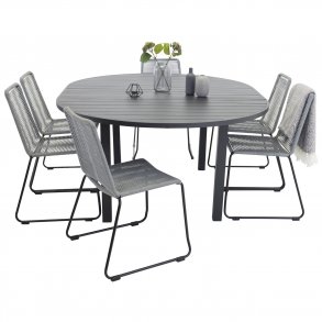 VENTURE DESIGN havest m. Marbella bord og 6 Lindos stole - sort alu og gr reb