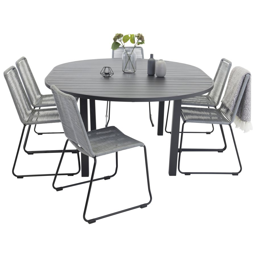 VENTURE DESIGN havest m. Marbella bord og 6 Lindos stole - sort alu og gr reb