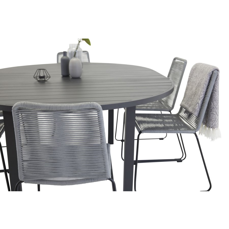 VENTURE DESIGN havest m. Marbella bord og 6 Lindos stole - sort alu og gr reb