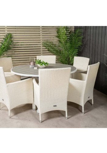 VENTURE DESIGN havest m. Parma bord (140) og 6 Malin stole m. armln - gr aintwood/hvid rattan