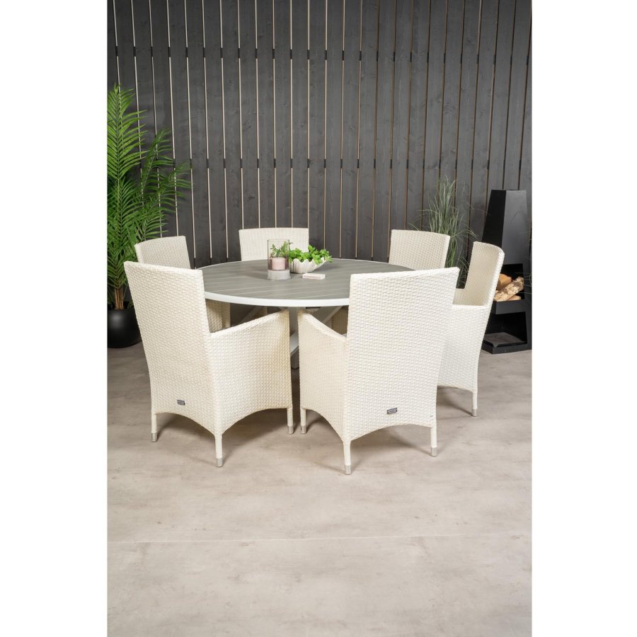 VENTURE DESIGN havest m. Parma bord (140) og 6 Malin stole m. armln - gr aintwood/hvid rattan