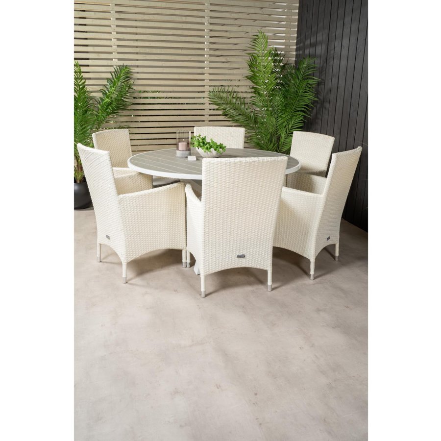 VENTURE DESIGN havest m. Parma bord (140) og 6 Malin stole m. armln - gr aintwood/hvid rattan