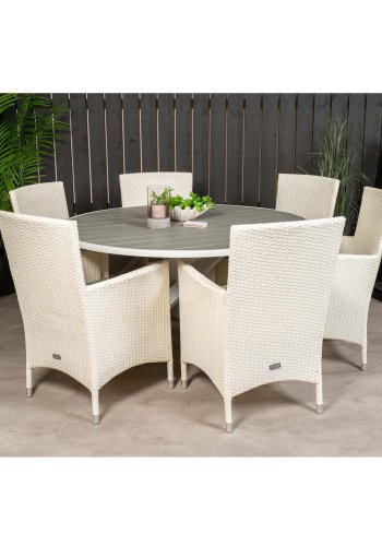 VENTURE DESIGN havest m. Parma bord (140) og 6 Malin stole m. armln - gr aintwood/hvid rattan