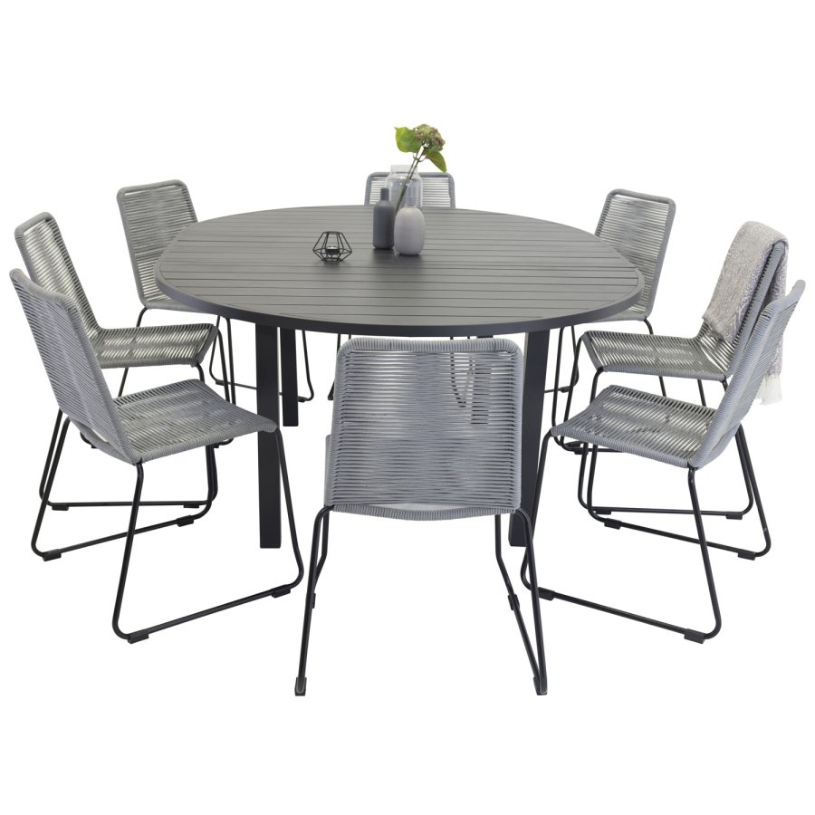 VENTURE DESIGN havest m. Marbella bord og 8 Lindos stole - sort alu/gr reb