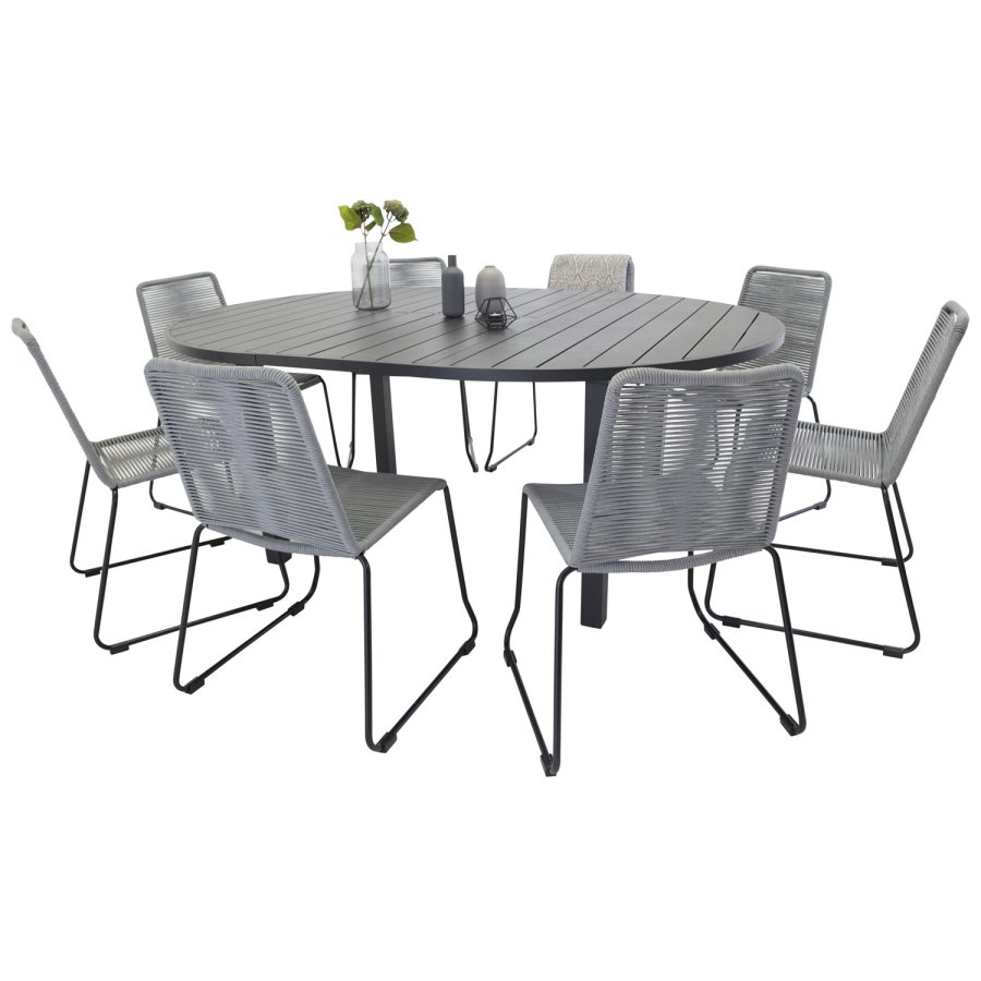 VENTURE DESIGN havest m. Marbella bord og 8 Lindos stole - sort alu/gr reb