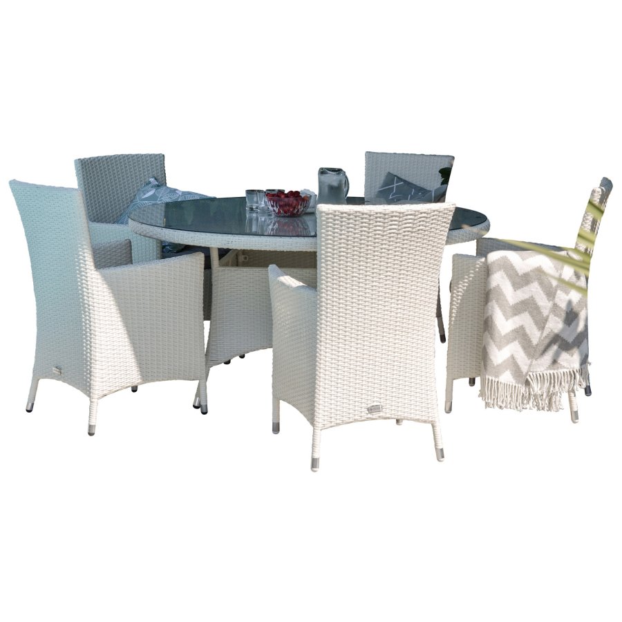 VENTURE DESIGN havest m. Volta bord ( 150) og 5 Malin stole m. armln og hynde - hvid rattan/glas