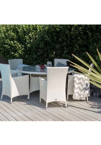 VENTURE DESIGN havest m. Volta bord ( 150) og 5 Malin stole m. armln og hynde - hvid rattan/glas