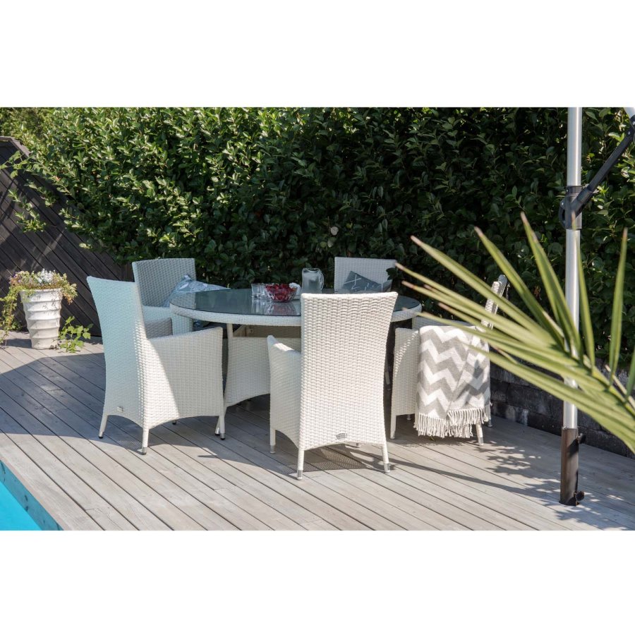 VENTURE DESIGN havest m. Volta bord ( 150) og 5 Malin stole m. armln og hynde - hvid rattan/glas
