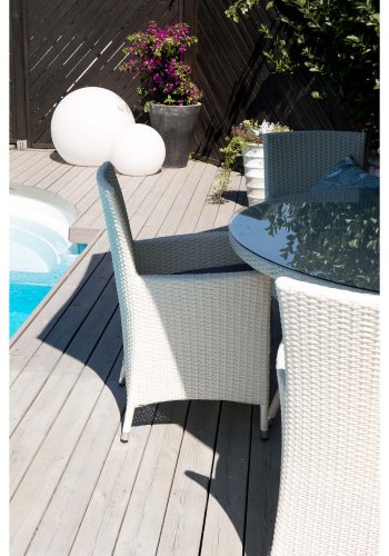 VENTURE DESIGN havest m. Volta bord ( 150) og 5 Malin stole m. armln og hynde - hvid rattan/glas