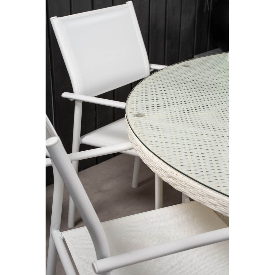 VENTURE DESIGN havest m. Volta bord (150) og 6 Santorini stole m. armln - hvid alu/rattan/textile