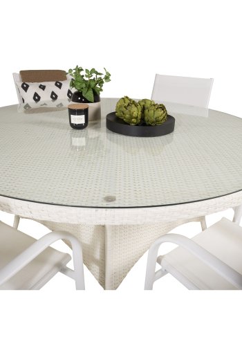 VENTURE DESIGN havest m. Volta bord (150) og 6 Santorini stole m. armln - hvid alu/rattan/textile