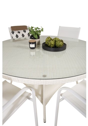 VENTURE DESIGN havest m. Volta bord (150) og 6 Santorini stole m. armln - hvid alu/rattan/textile