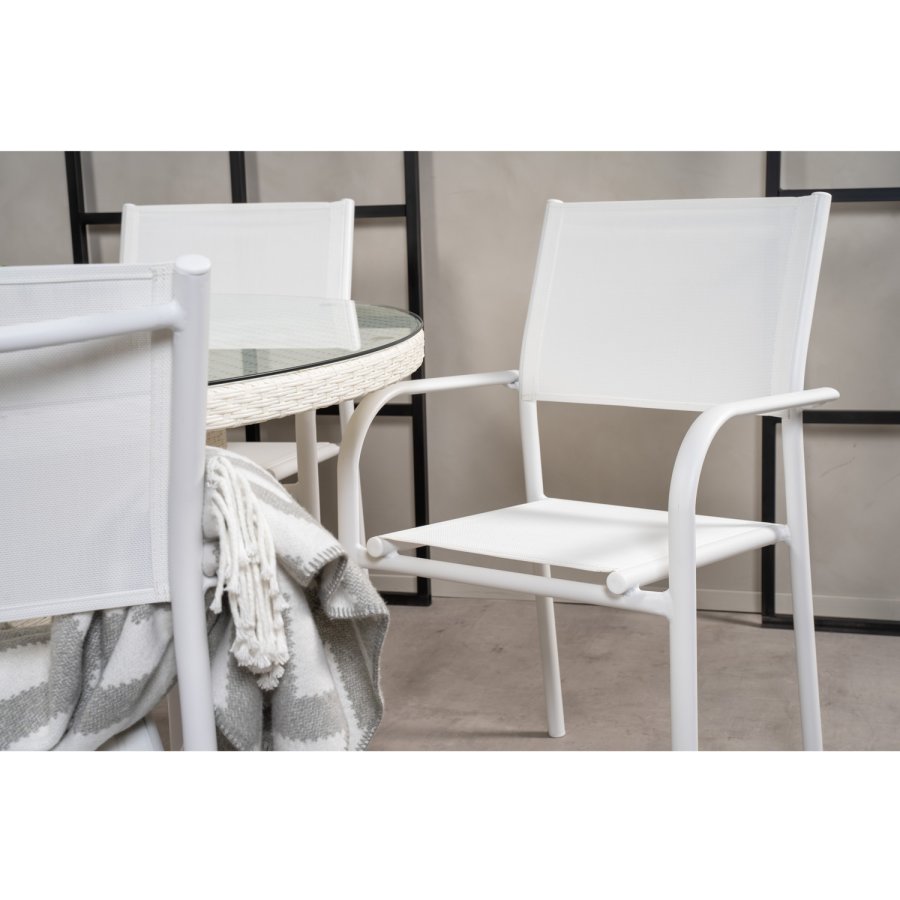 VENTURE DESIGN havest m. Volta bord (150) og 6 Santorini stole m. armln - hvid alu/rattan/textile