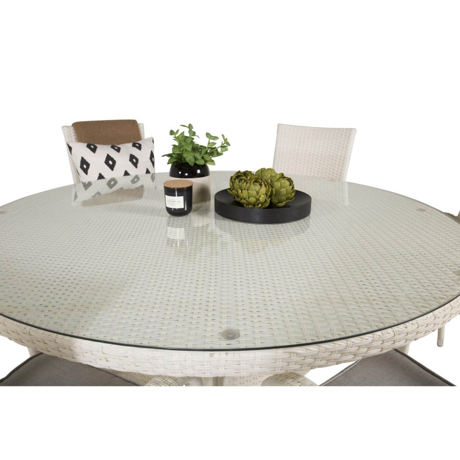 VENTURE DESIGN havest m. Volta bord (150) og 6 Anna stole m. armln - hvid rattan og glas