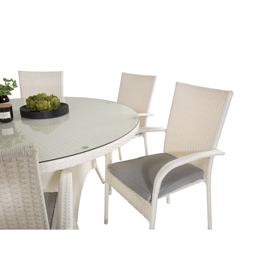 VENTURE DESIGN havest m. Volta bord (150) og 6 Anna stole m. armln - hvid rattan og glas