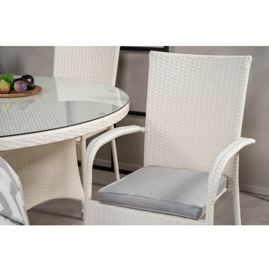 VENTURE DESIGN havest m. Volta bord (150) og 6 Anna stole m. armln - hvid rattan og glas